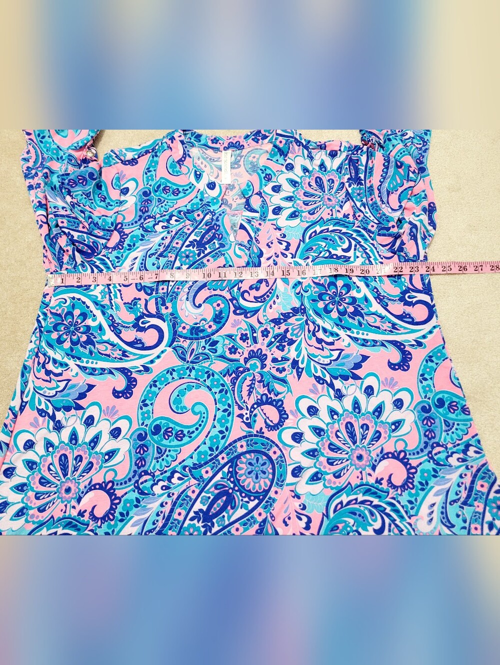 Dear Scarlett Size XL Paisley Tunic Top Pink Blue Roll Tab Sleeve Stretch Boho - Picture 9 of 13